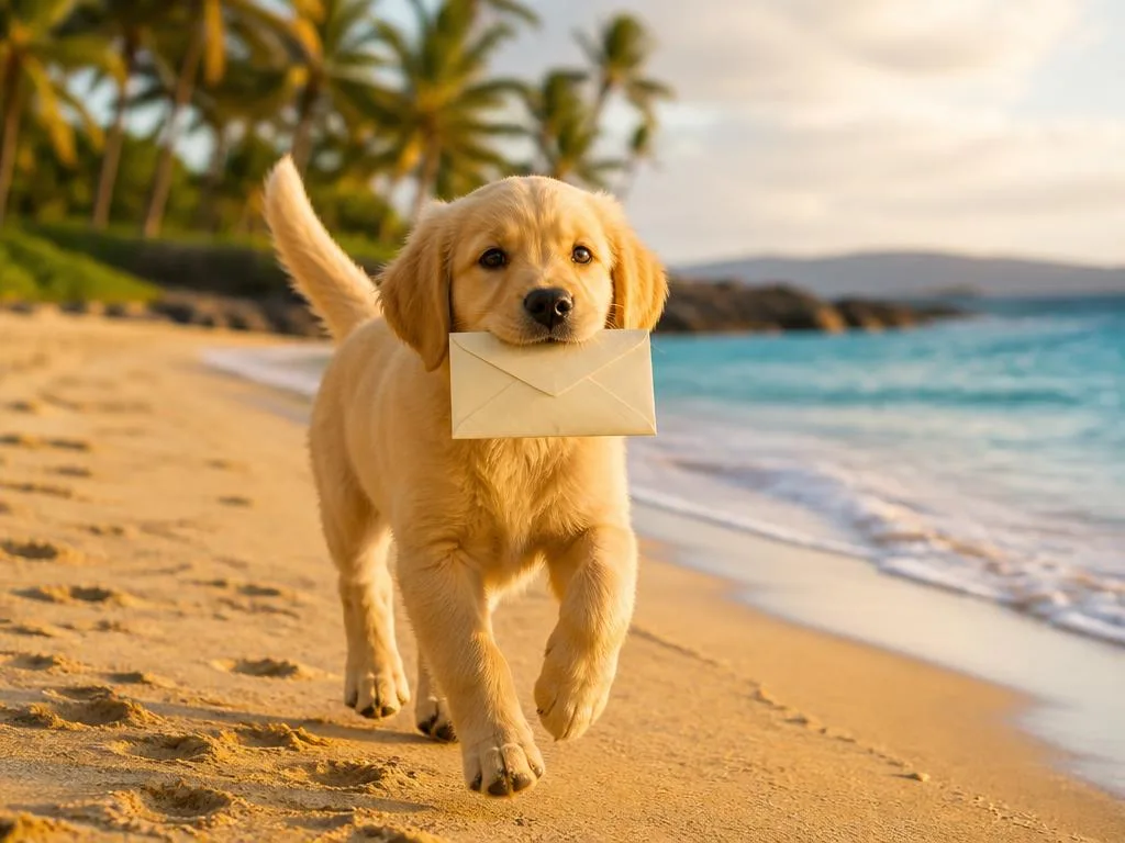 A golden retriever puppy running along a Hawaiian beach with a letter in its mouth