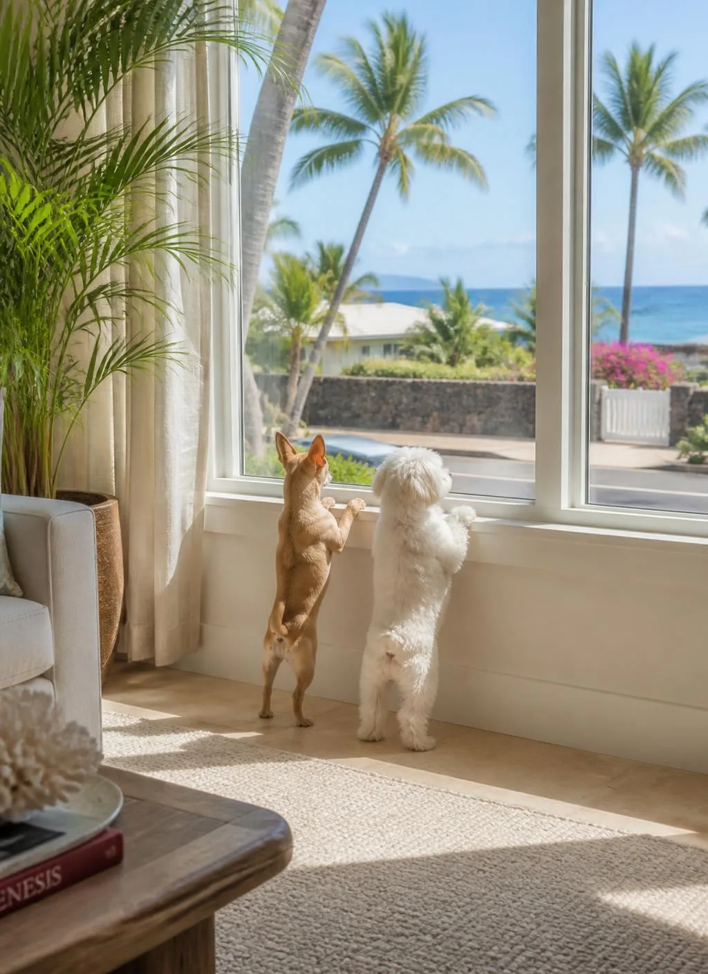 A chihuahua and a Maltese puppy at a window, looking out toward palm trees and the ocean, waiting for the mailman
